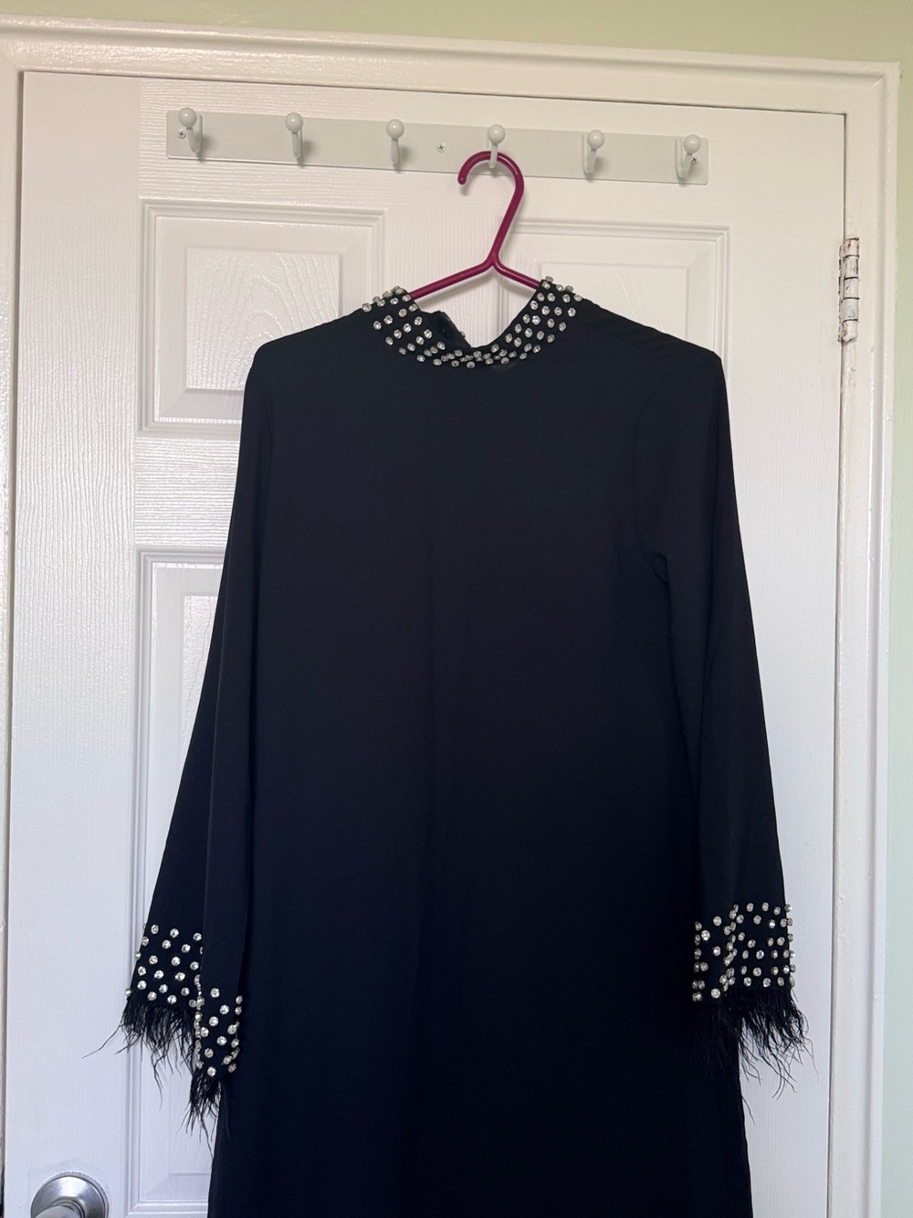 Black Embellished Long Sleeve Dress with Feather Trim